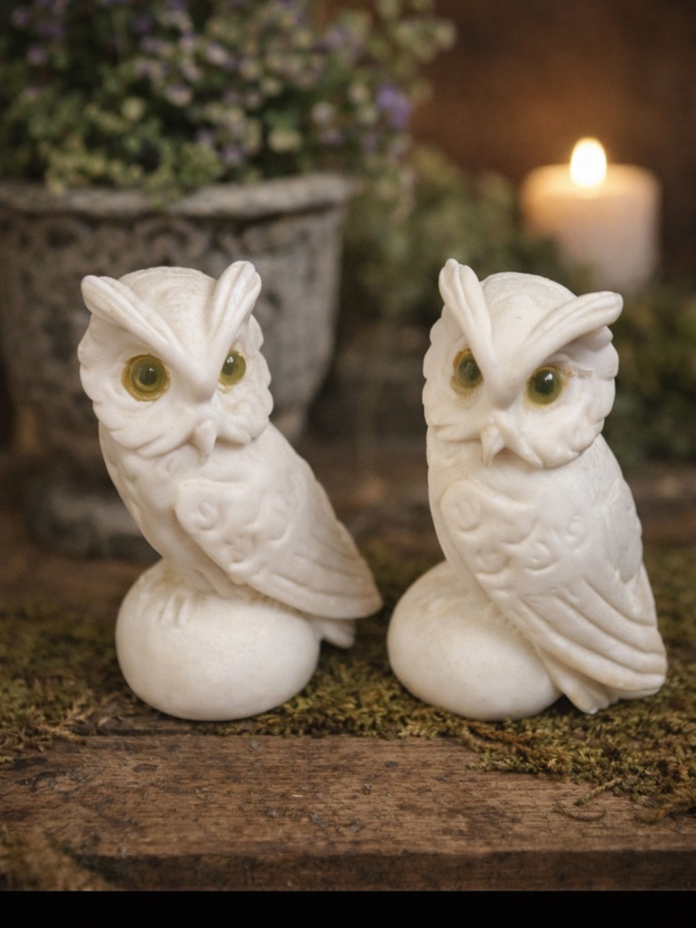 Vintage Alabaster Owl Figurines Pair Green Glass Eyes Stone Owls Decor Set of 2